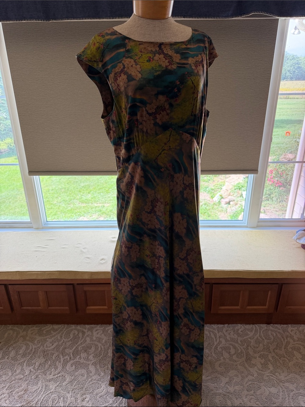 Johnny Was Cap Sleeve Maxi Dress in Teal, Olive and Brown Floral